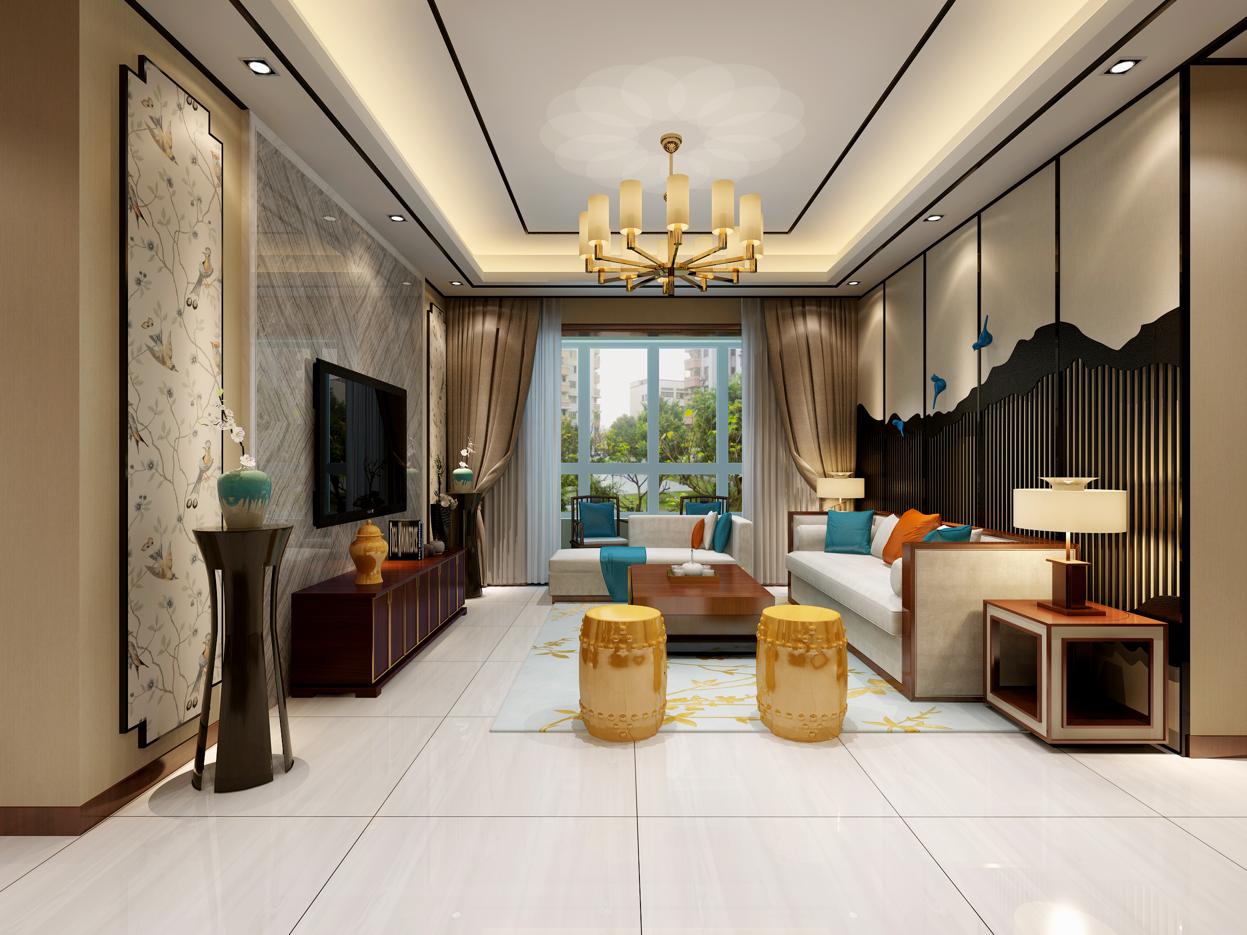 电视背景墙采用大理石来装饰，两边壁纸造型相对称。沙发背景墙采用_装修美图-新浪家居